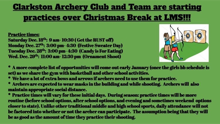 Clarkston Archery Club practice information.  