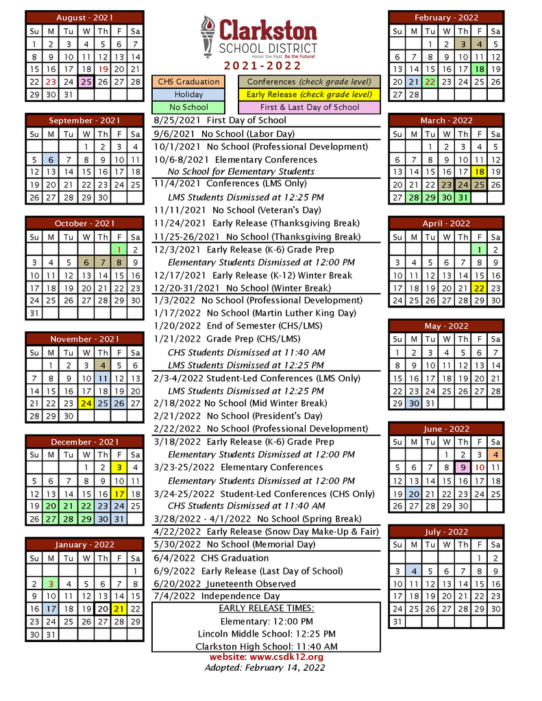 Amended 2021-2022 District Calendar
