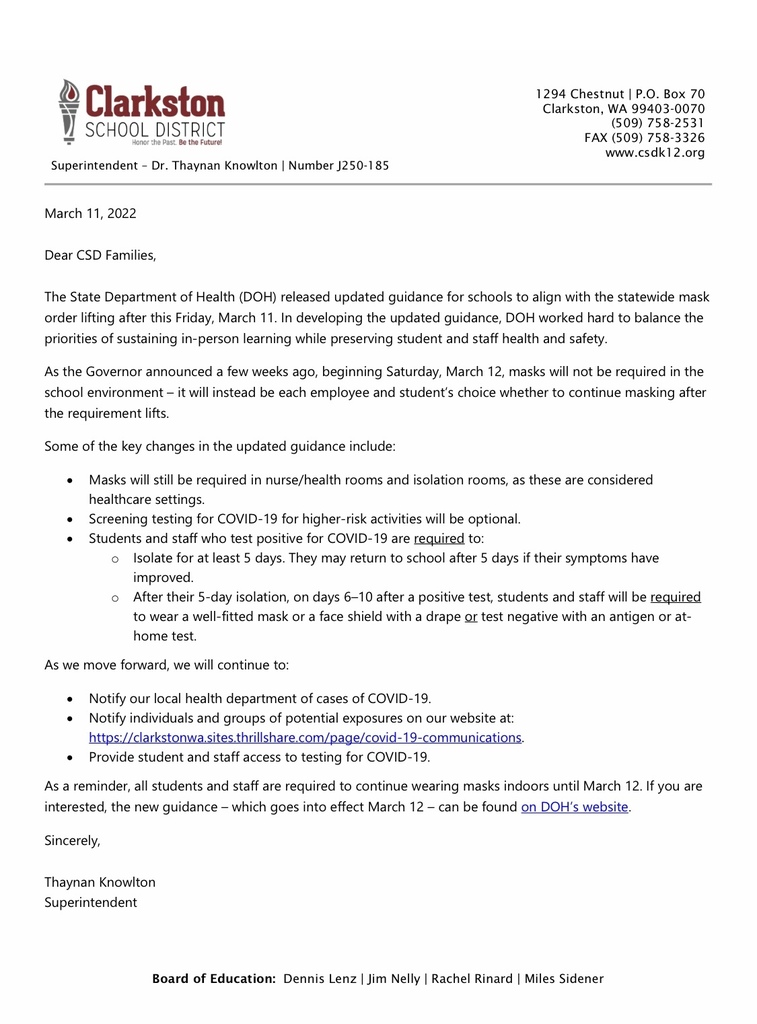State Health Guidance Letter