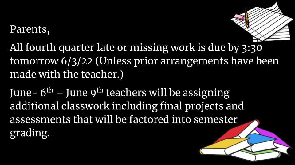 Late work and missing assignments are due by 3:30 pm tomorrow 6/3/2022.