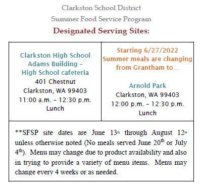 Summer Meals Site Change from Grantham to Arnold Park
