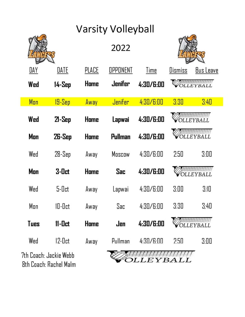 UPDATED LMS Varsity Volleyball Schedule