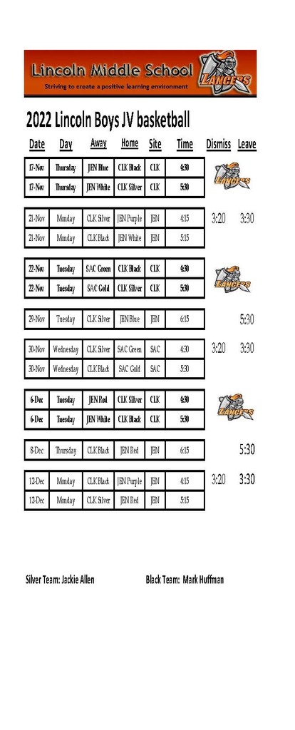 LMS JV Boys Basketball Schedule